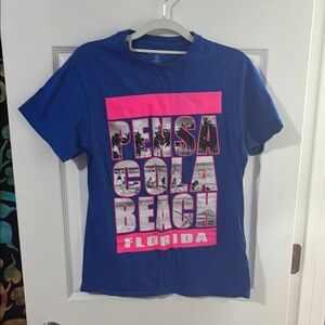 Blue Graphic T-Shirt with Pink and White Print